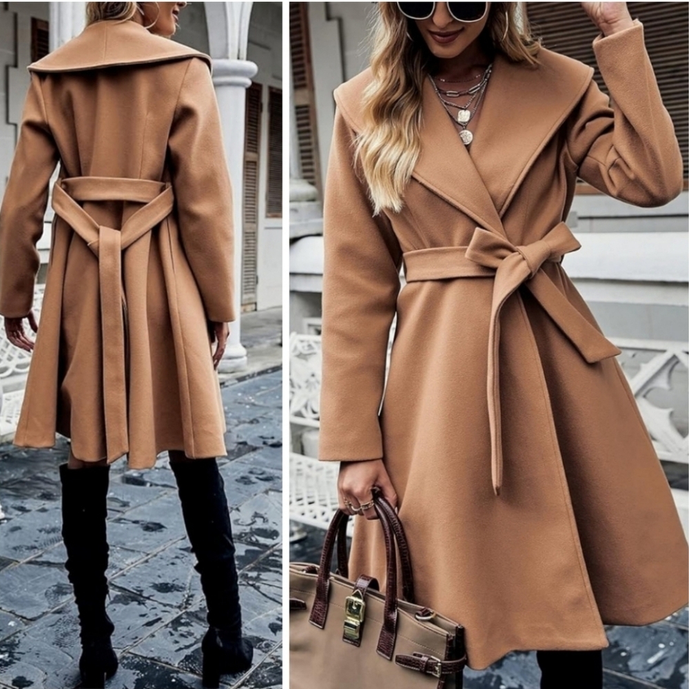 COPY - New Chic Flared Hem Button Shawl Collar Tie Trench Jacket Coat Camel - Picture 1 of 6